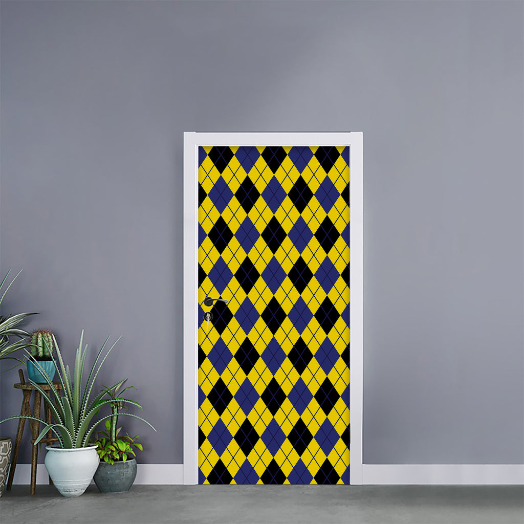 Yellow Blue And Black Argyle Print Door Sticker