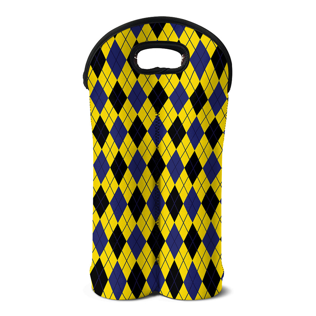 Yellow Blue And Black Argyle Print Double Neoprene Wine Tote