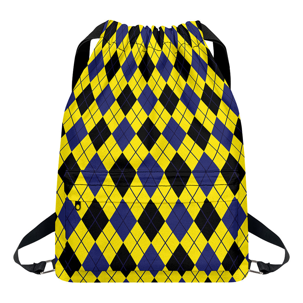 Yellow Blue And Black Argyle Print Drawstring Backpack