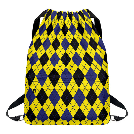 Yellow Blue And Black Argyle Print Drawstring Backpack