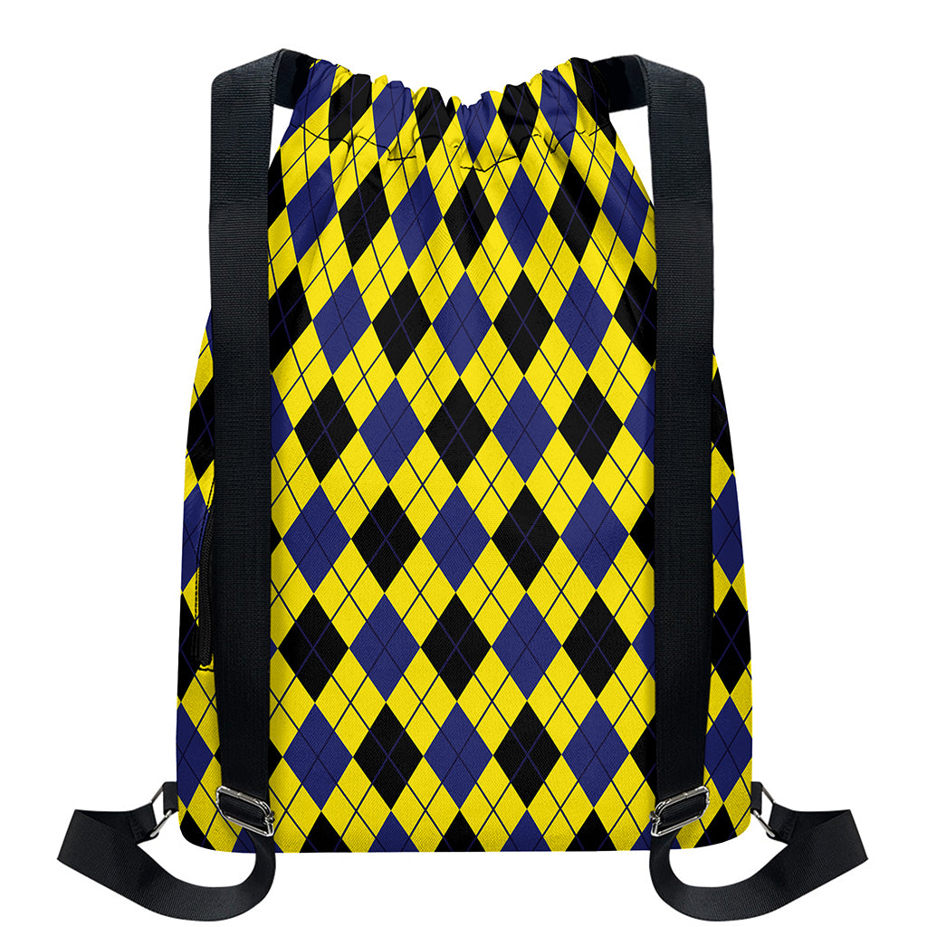 Yellow Blue And Black Argyle Print Drawstring Backpack