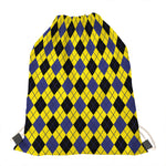 Yellow Blue And Black Argyle Print Drawstring Bag