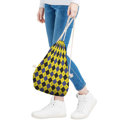 Yellow Blue And Black Argyle Print Drawstring Bag