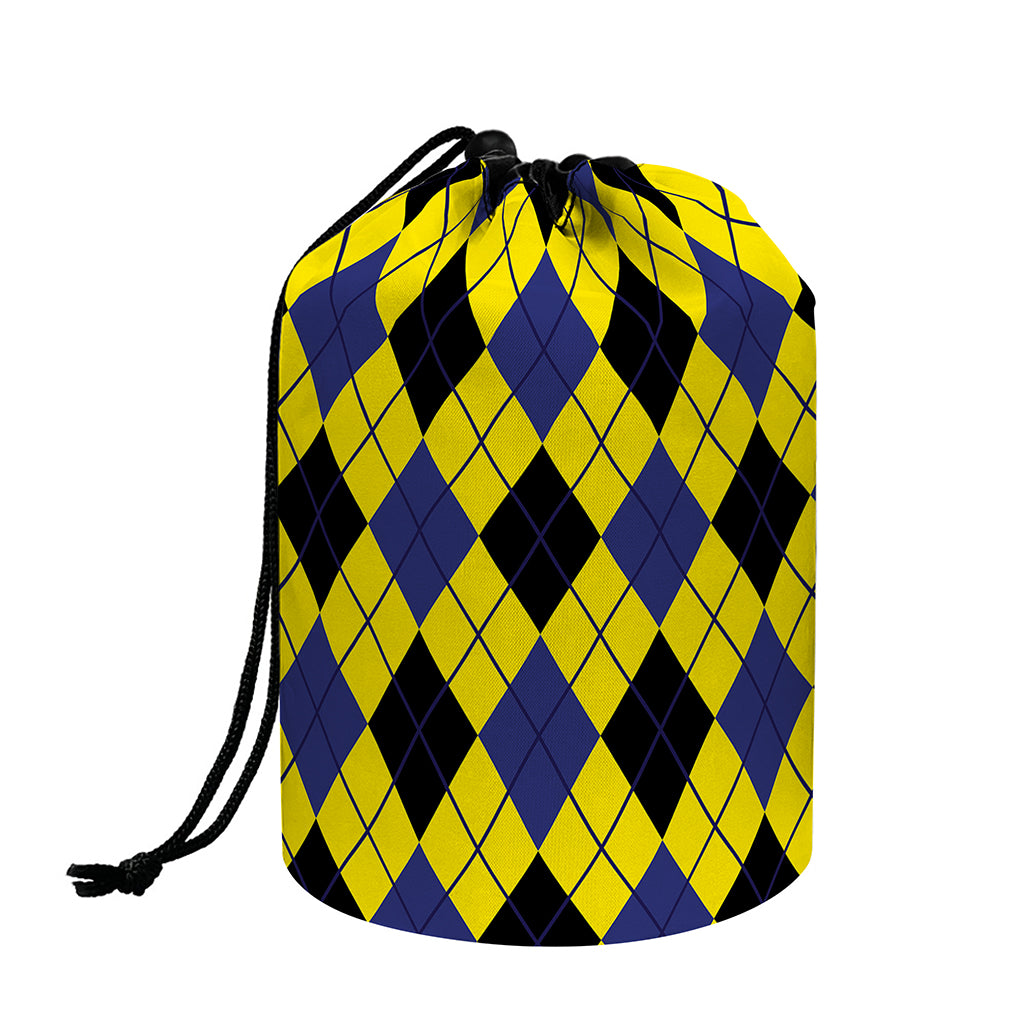Yellow Blue And Black Argyle Print Drawstring Makeup Bag