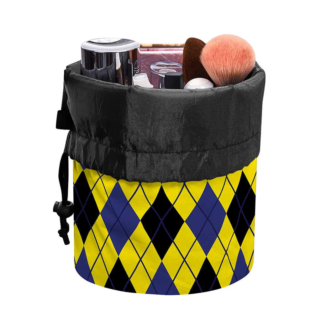 Yellow Blue And Black Argyle Print Drawstring Makeup Bag