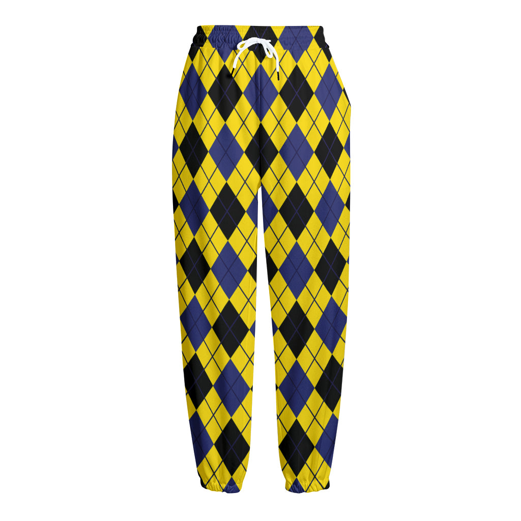 Yellow Blue And Black Argyle Print Fleece Lined Knit Pants