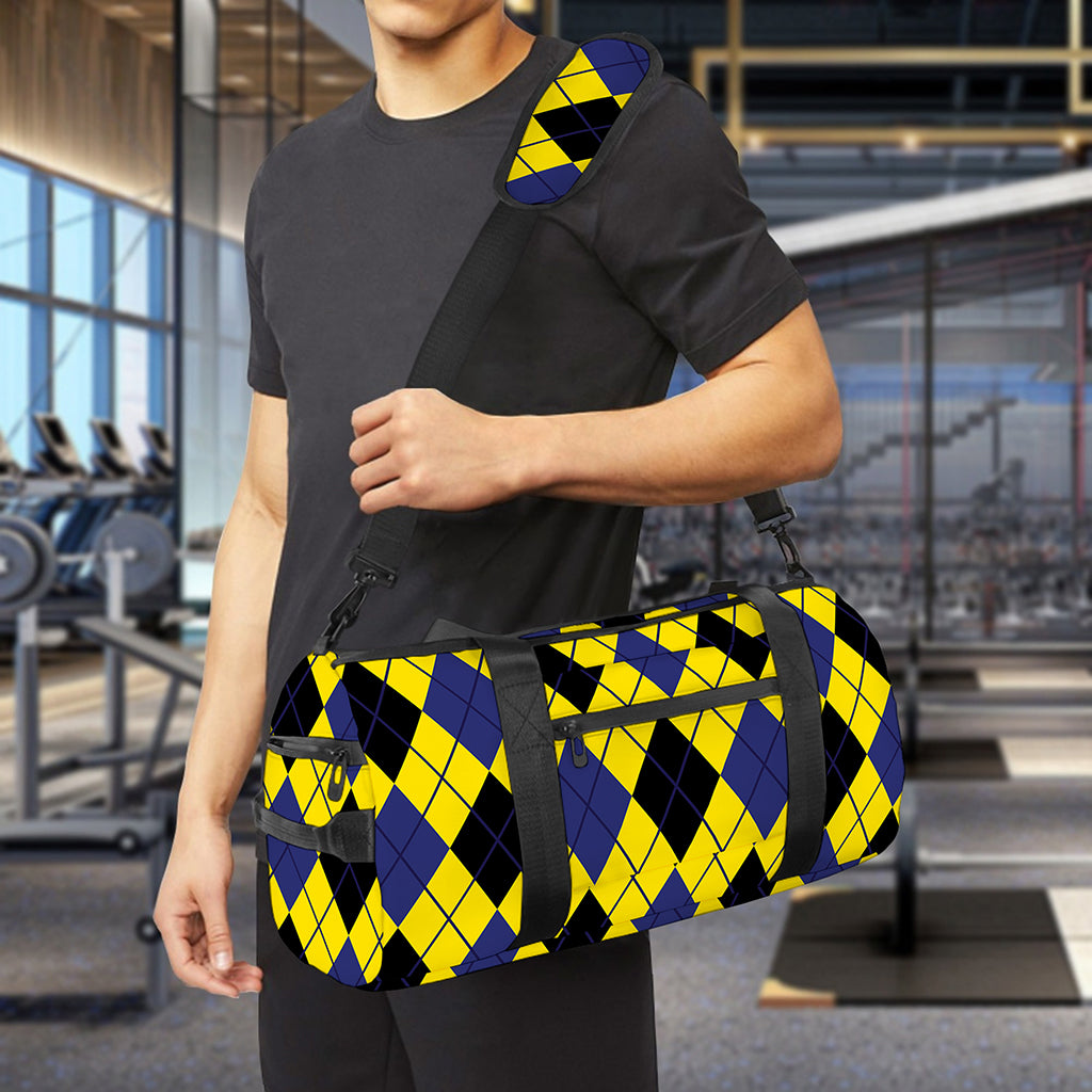 Yellow Blue And Black Argyle Print Gym Bag