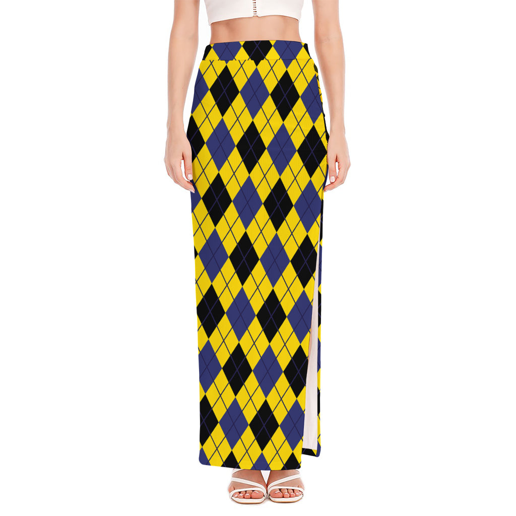 Yellow Blue And Black Argyle Print High Slit Maxi Skirt