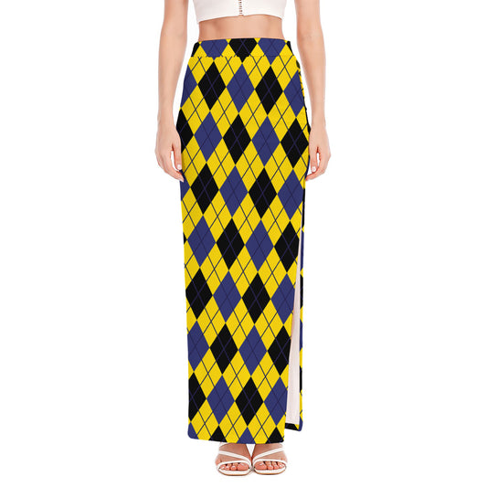 Yellow Blue And Black Argyle Print High Slit Maxi Skirt