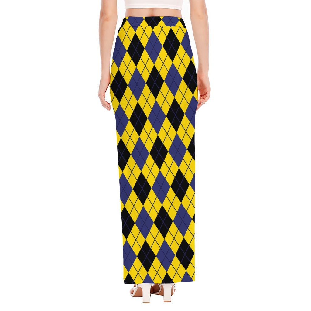 Yellow Blue And Black Argyle Print High Slit Maxi Skirt