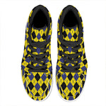 Yellow Blue And Black Argyle Print High Top Leather Sneakers