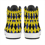 Yellow Blue And Black Argyle Print High Top Leather Sneakers