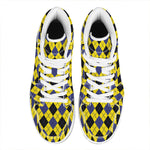 Yellow Blue And Black Argyle Print High Top Leather Sneakers