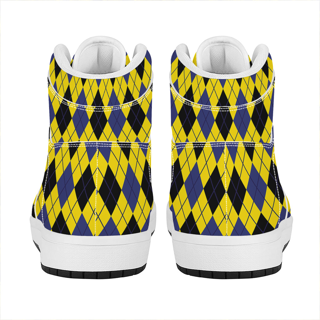 Yellow Blue And Black Argyle Print High Top Leather Sneakers