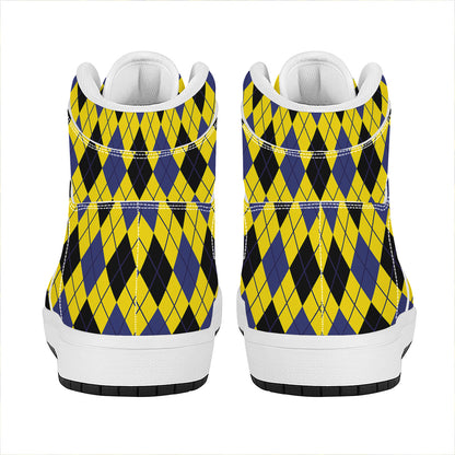 Yellow Blue And Black Argyle Print High Top Leather Sneakers