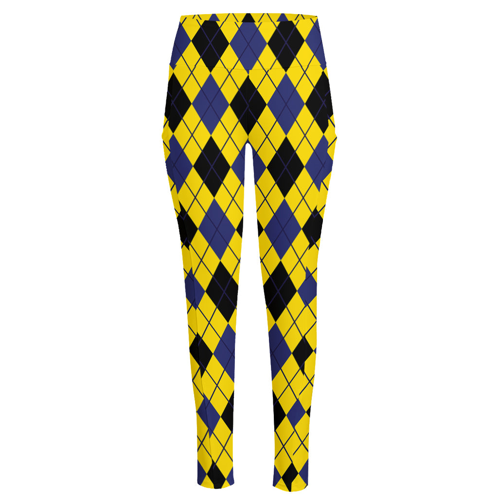 Yellow Blue And Black Argyle Print High-Waisted Pocket Leggings