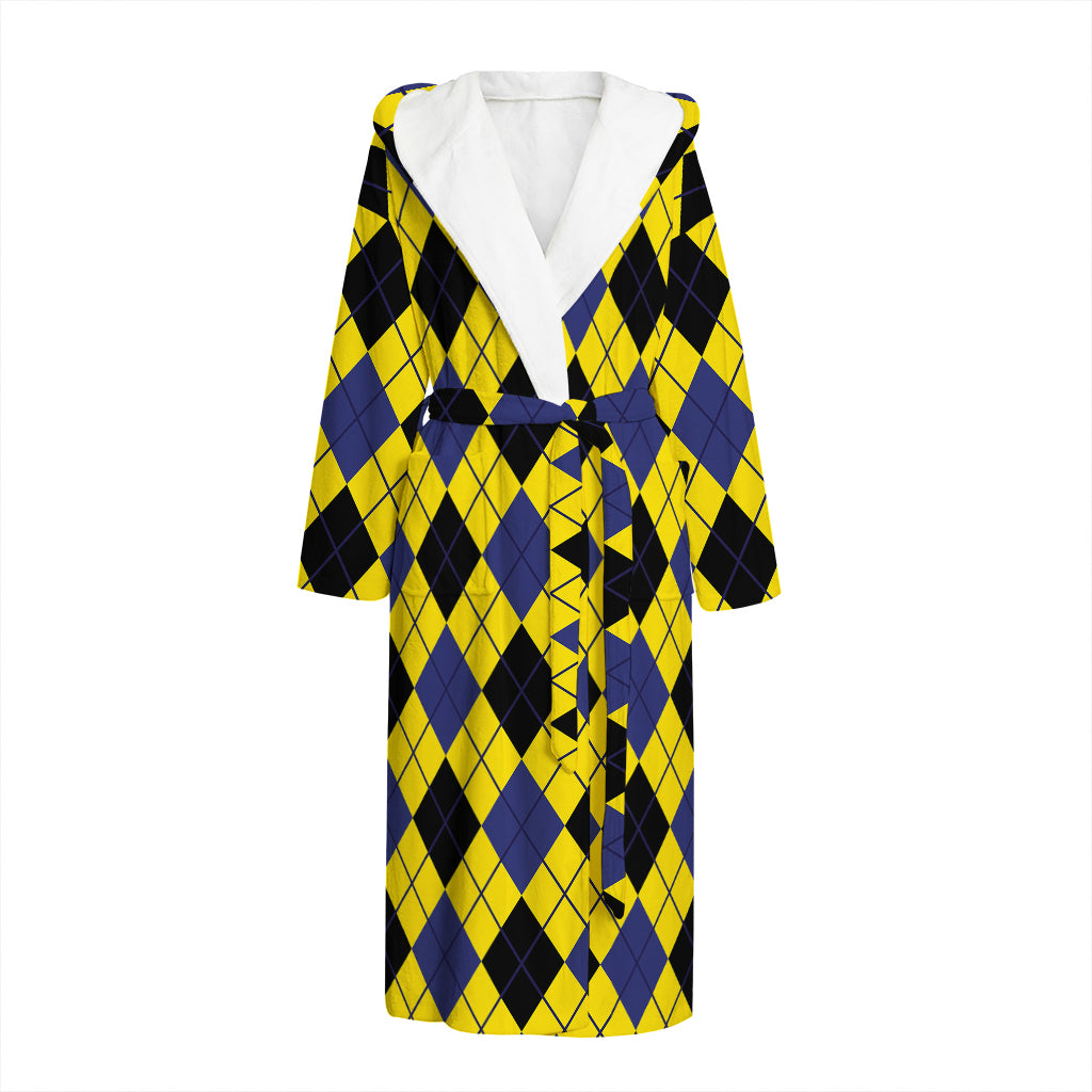 Yellow Blue And Black Argyle Print Hooded Bathrobe
