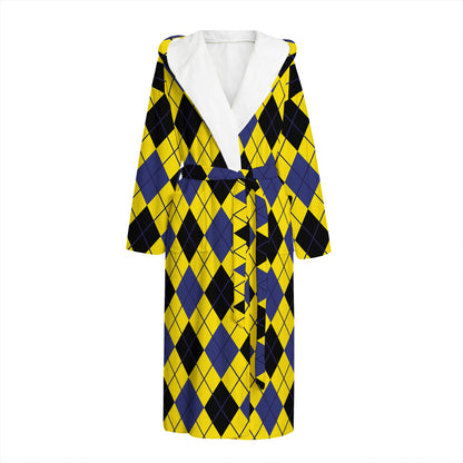 Yellow Blue And Black Argyle Print Hooded Bathrobe