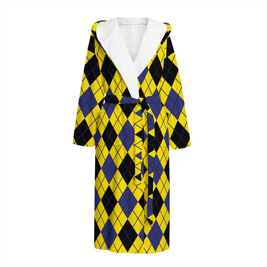 Yellow Blue And Black Argyle Print Hooded Bathrobe