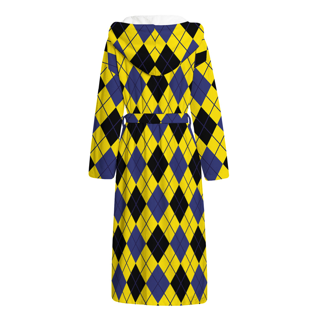 Yellow Blue And Black Argyle Print Hooded Bathrobe