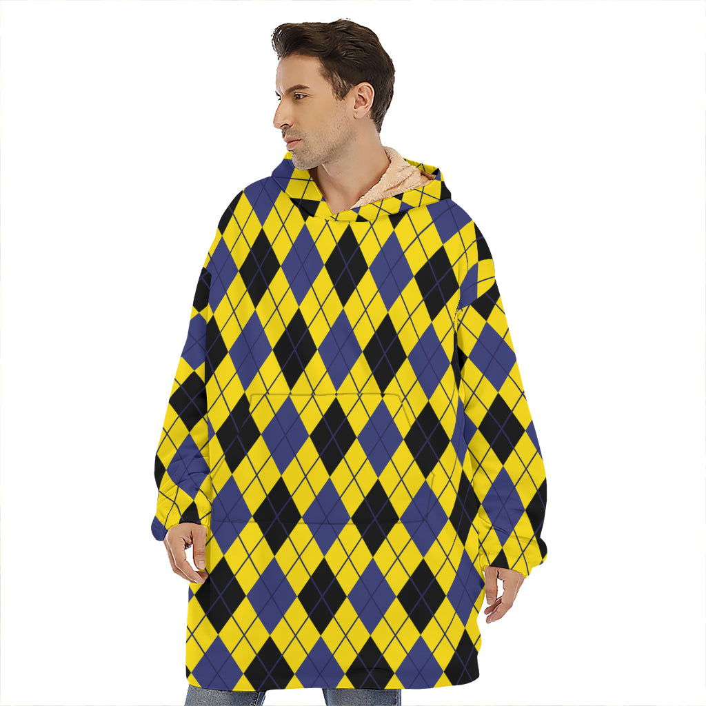 Yellow Blue And Black Argyle Print Hoodie Blanket