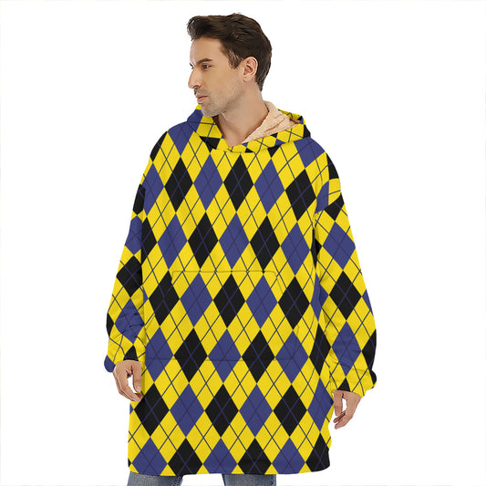 Yellow Blue And Black Argyle Print Hoodie Blanket