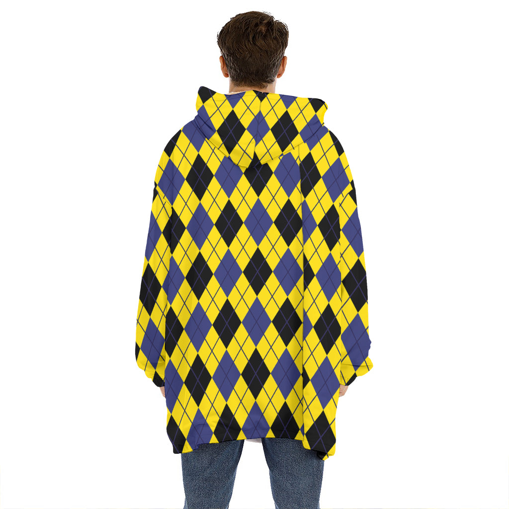 Yellow Blue And Black Argyle Print Hoodie Blanket