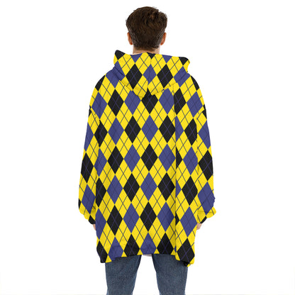 Yellow Blue And Black Argyle Print Hoodie Blanket