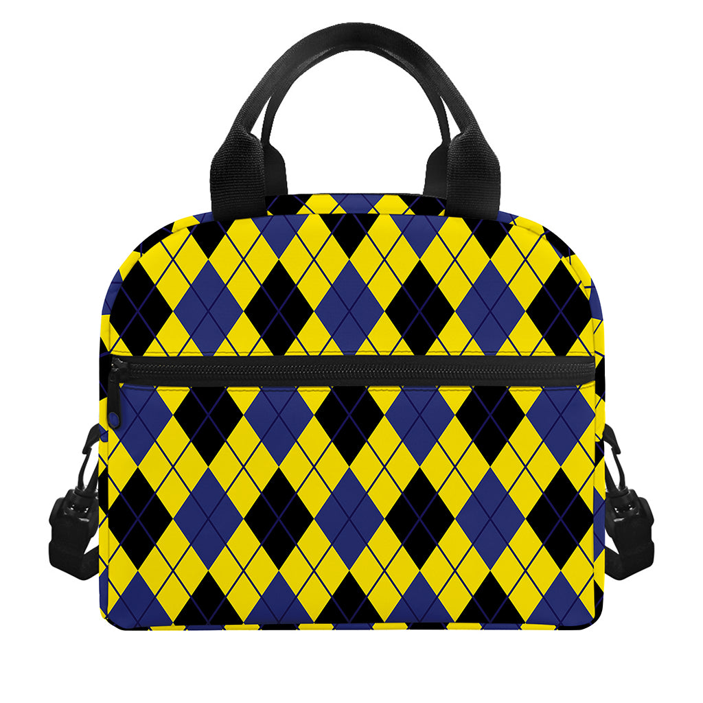 Yellow Blue And Black Argyle Print Insulated Lunch Bag