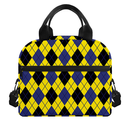 Yellow Blue And Black Argyle Print Insulated Lunch Bag