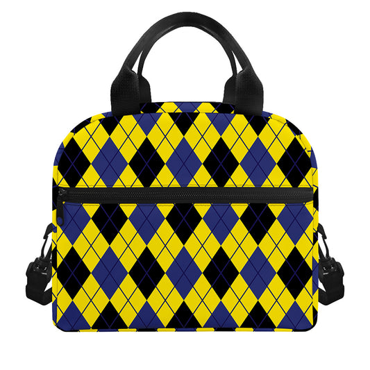 Yellow Blue And Black Argyle Print Insulated Lunch Bag