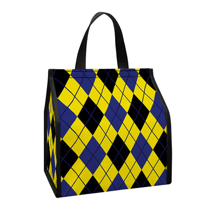 Yellow Blue And Black Argyle Print Insulated Lunch Tote