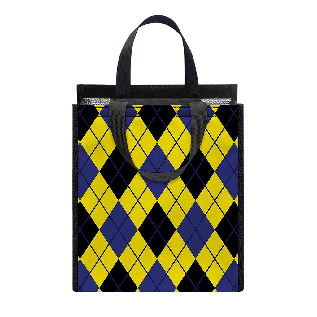 Yellow Blue And Black Argyle Print Insulated Lunch Tote