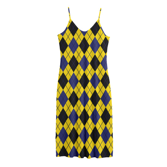 Yellow Blue And Black Argyle Print Jersey Midi Cami Dress