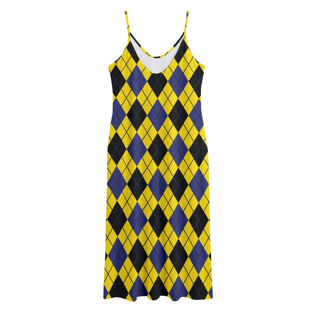 Yellow Blue And Black Argyle Print Jersey Midi Cami Dress