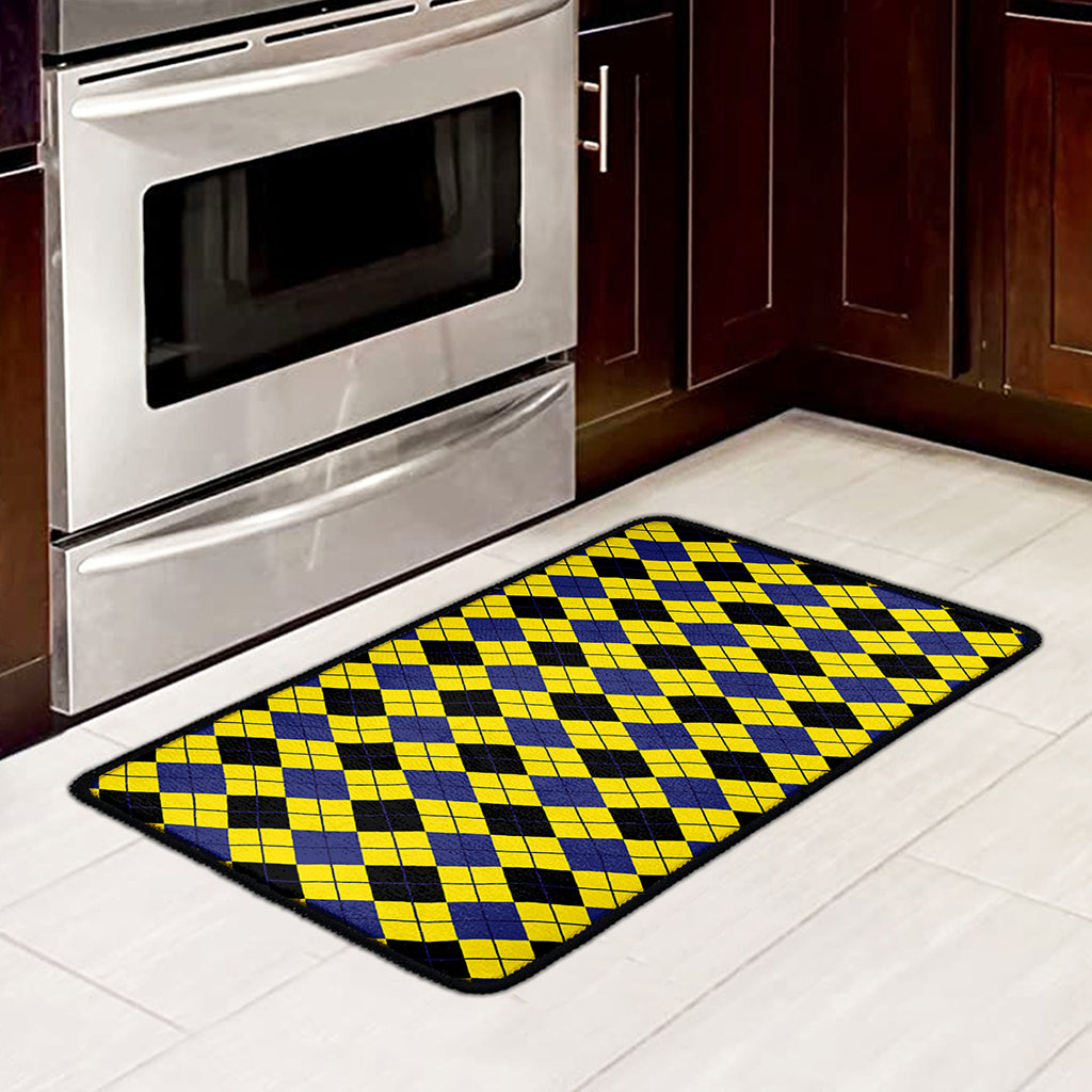 Yellow Blue And Black Argyle Print Kitchen Mat