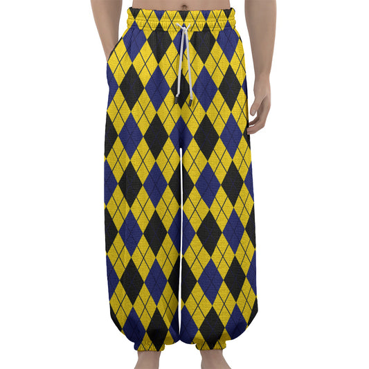 Yellow Blue And Black Argyle Print Lantern Pants