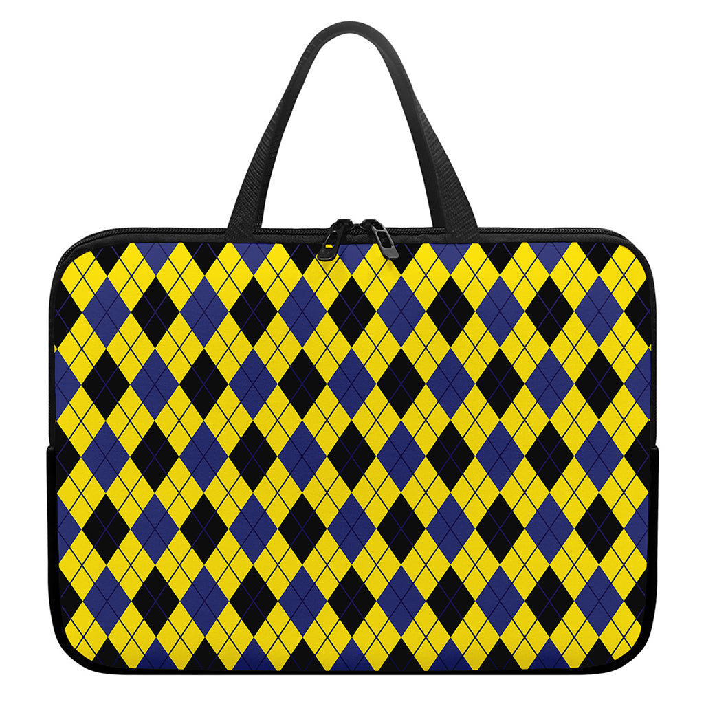 Yellow Blue And Black Argyle Print Laptop Sleeve With Handle