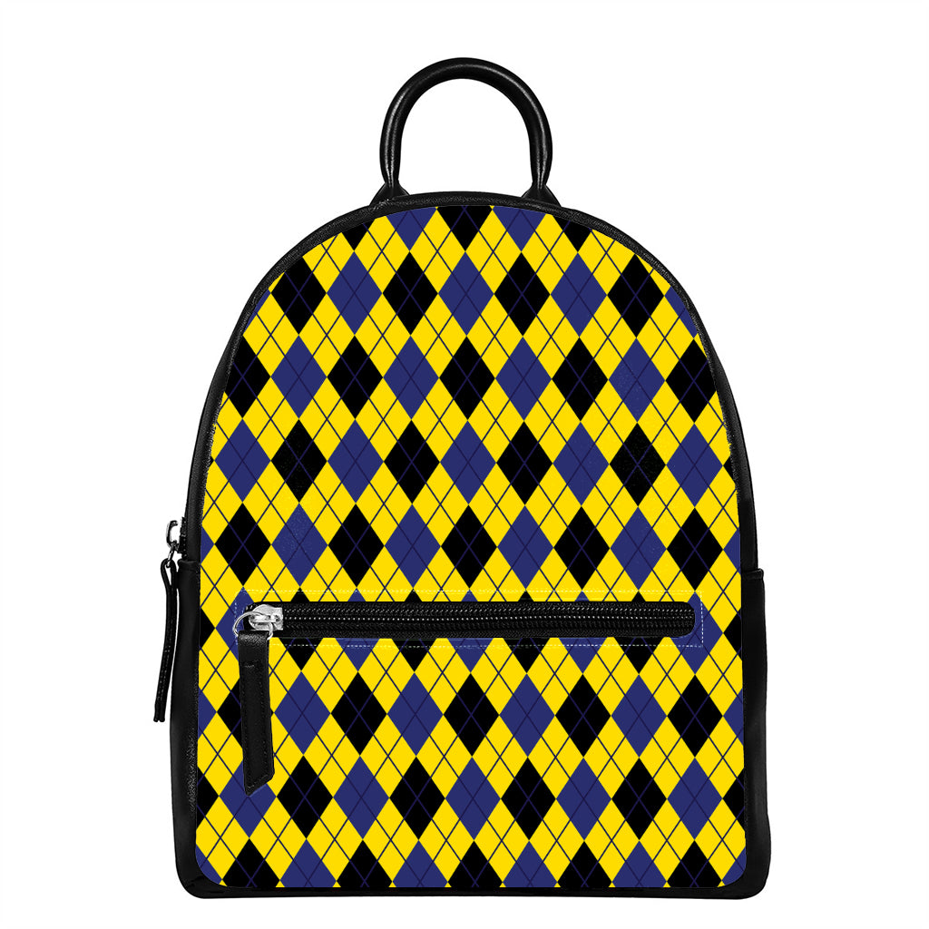 Yellow Blue And Black Argyle Print Leather Backpack