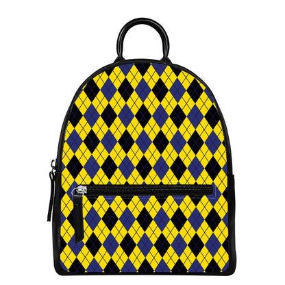 Yellow Blue And Black Argyle Print Leather Backpack