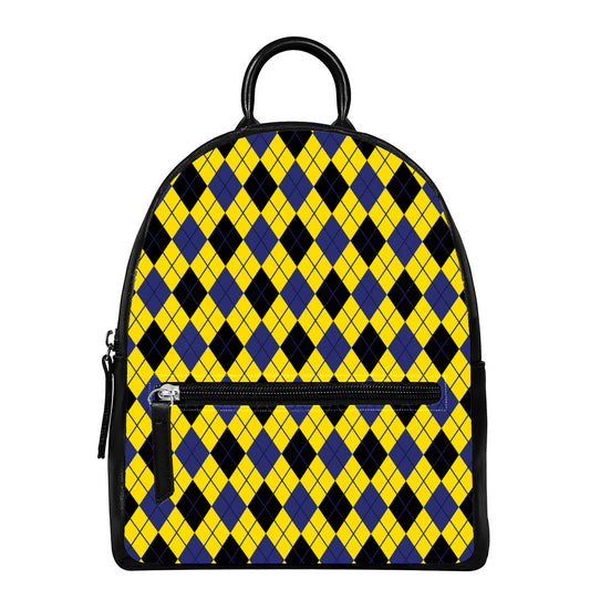 Yellow Blue And Black Argyle Print Leather Backpack