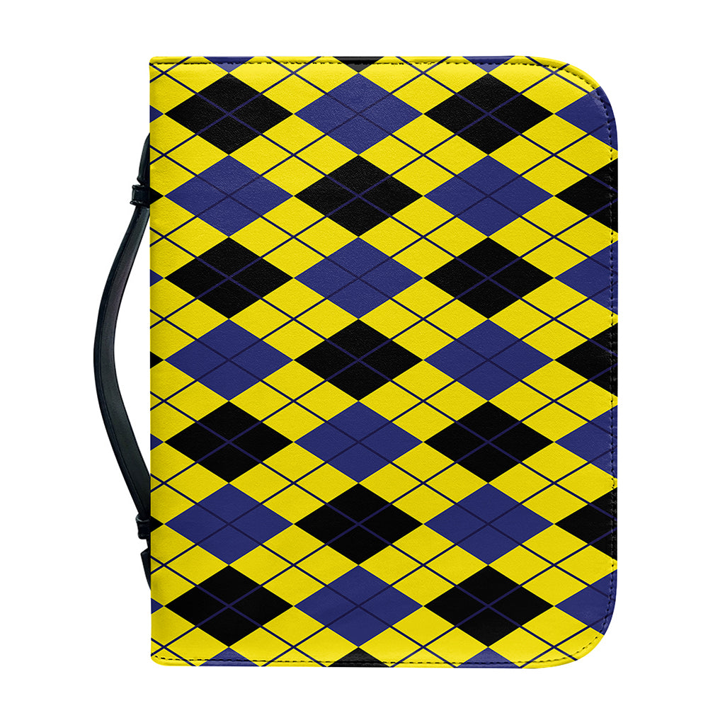 Yellow Blue And Black Argyle Print Leather Bible Cover
