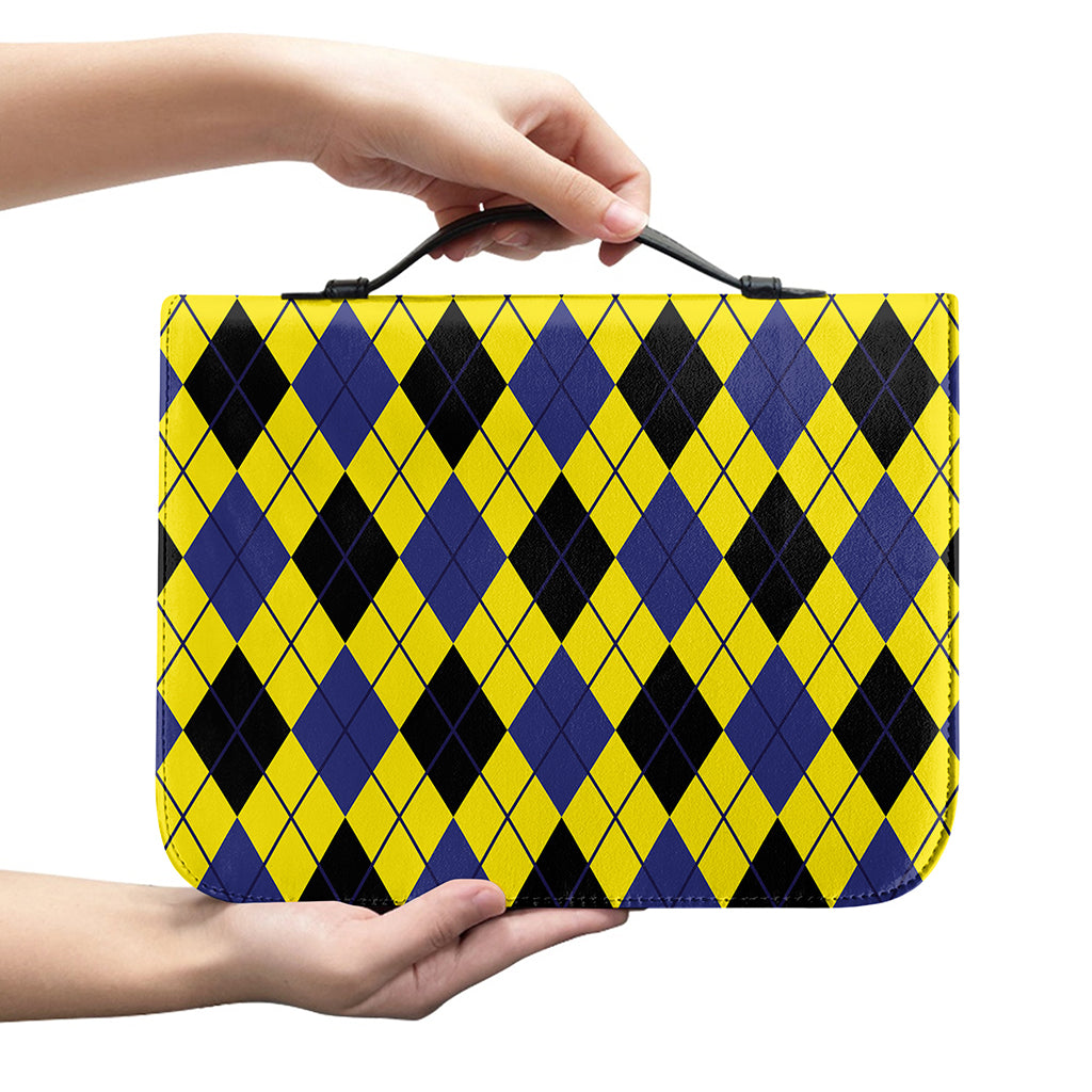 Yellow Blue And Black Argyle Print Leather Bible Cover