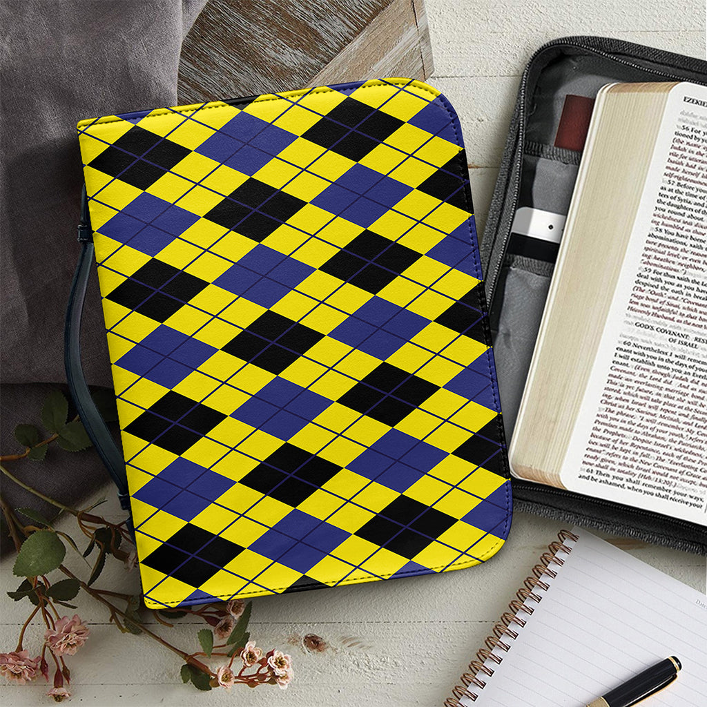 Yellow Blue And Black Argyle Print Leather Bible Cover