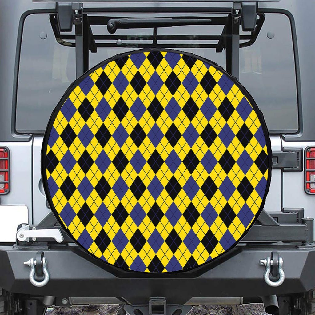 Yellow Blue And Black Argyle Print Leather Spare Tire Cover