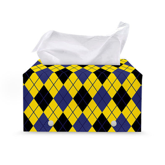 Yellow Blue And Black Argyle Print Leather Tissue Box Cover