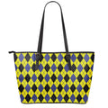 Yellow Blue And Black Argyle Print Leather Tote Bag With Zipper