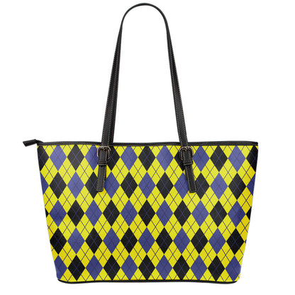Yellow Blue And Black Argyle Print Leather Tote Bag