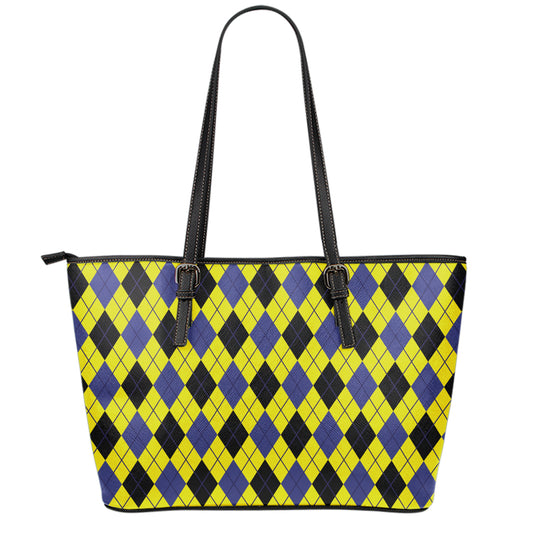Yellow Blue And Black Argyle Print Leather Tote Bag