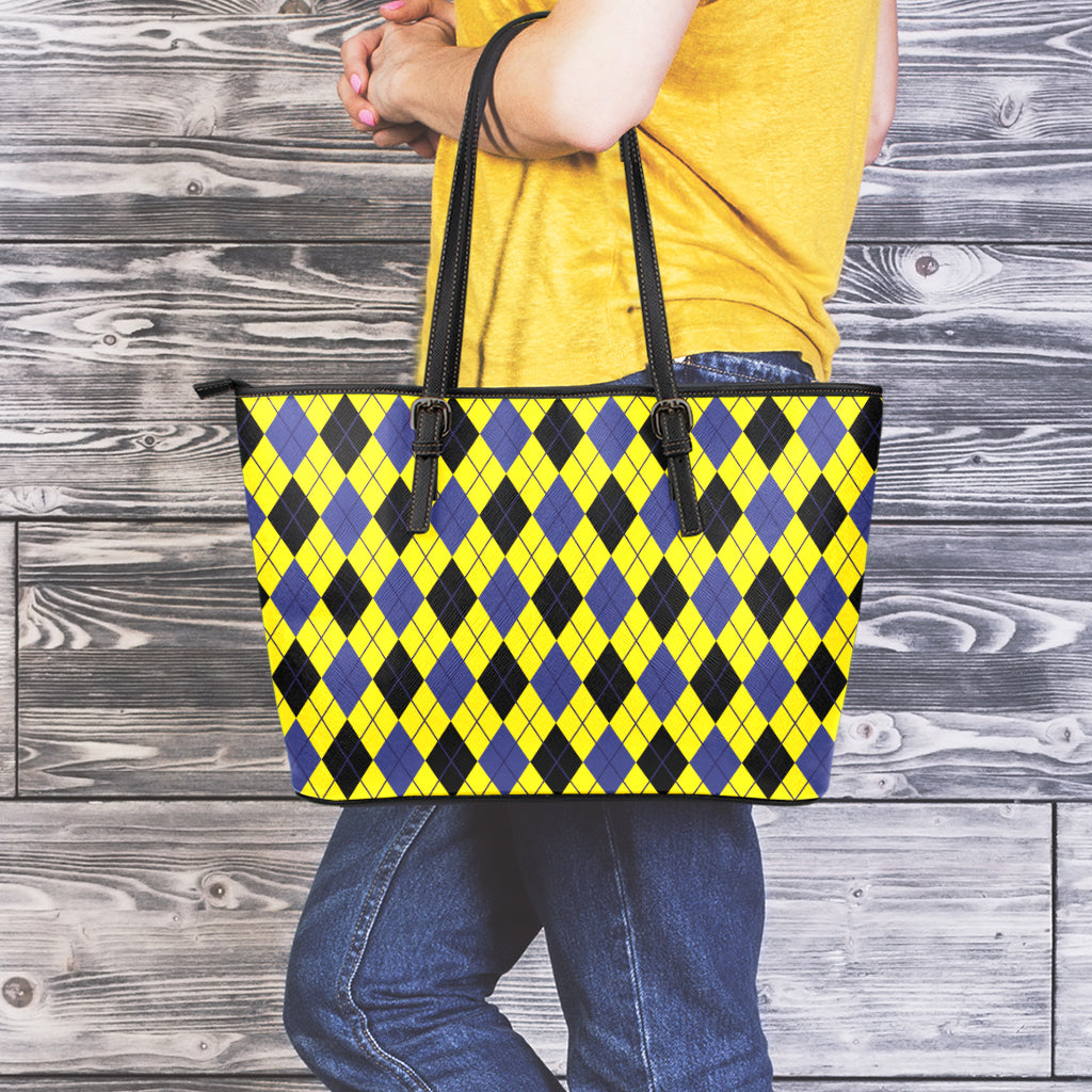 Yellow Blue And Black Argyle Print Leather Tote Bag